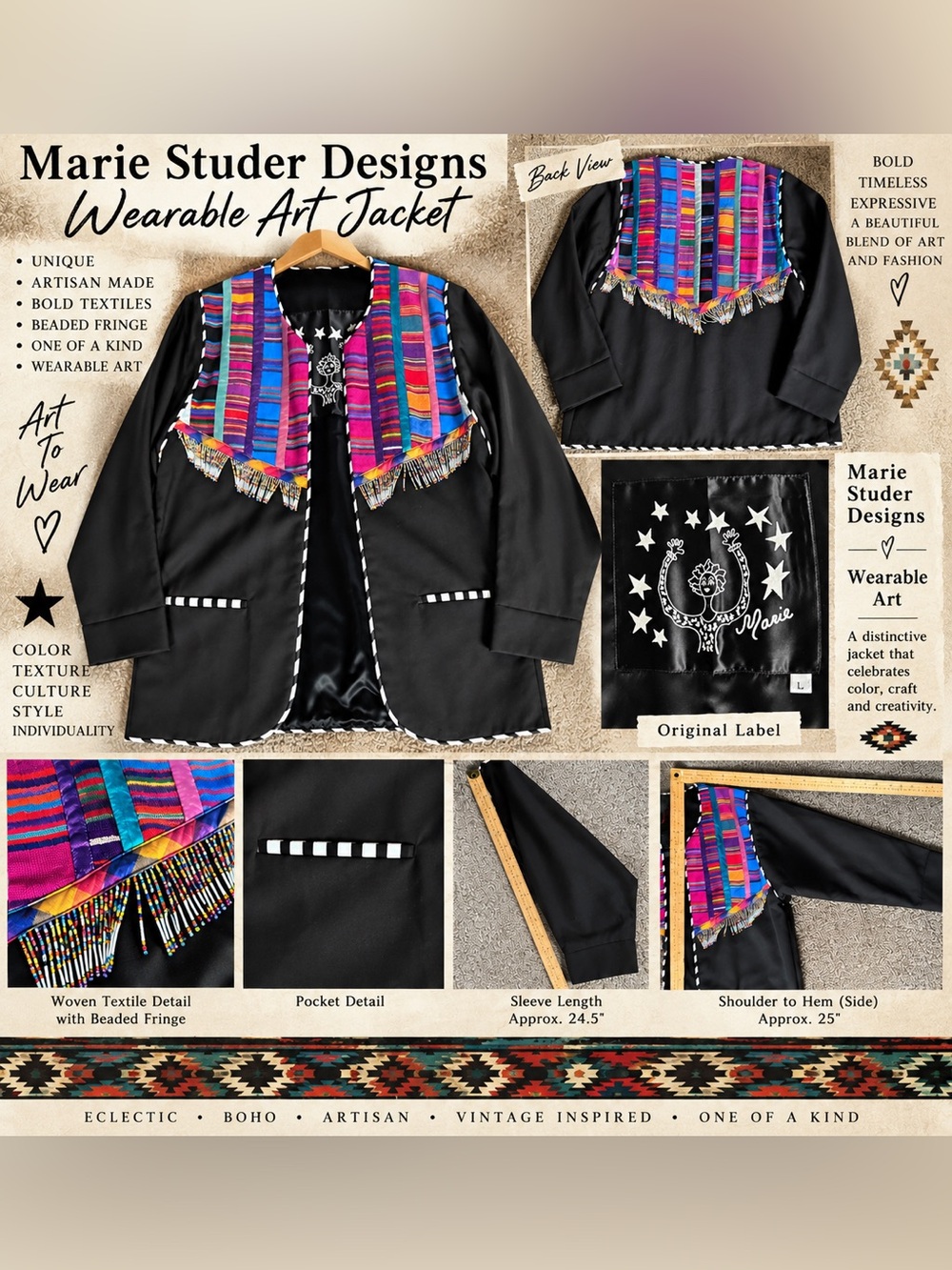 Marie Studer Black Wearable Art Jacket with Multicolor Textile Fringe